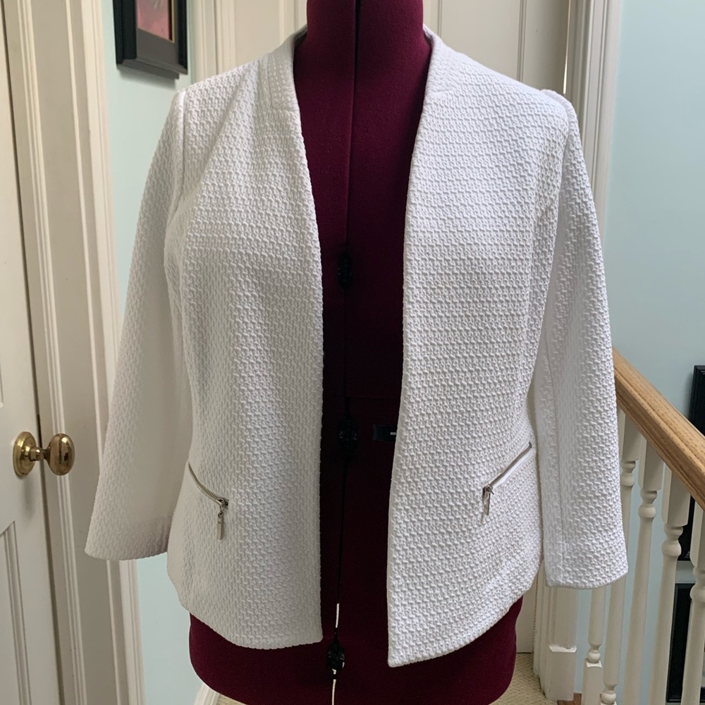 Alfani White Textured 3/4 Sleeve Open Jacket